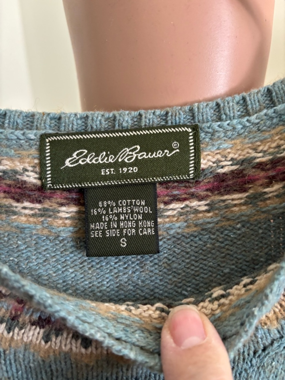 Vintage Eddie Bauer Teal Crewneck Sweater with Fair Isle Trim - Picture 6 of 10